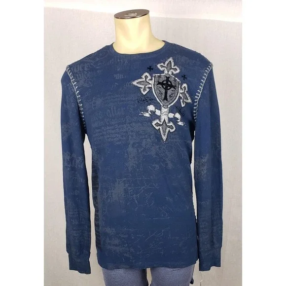 Xtreme Couture Shirt Mens Large Blue Thermal Long Sleeve Cross Wings Graphic - Picture 2 of 8